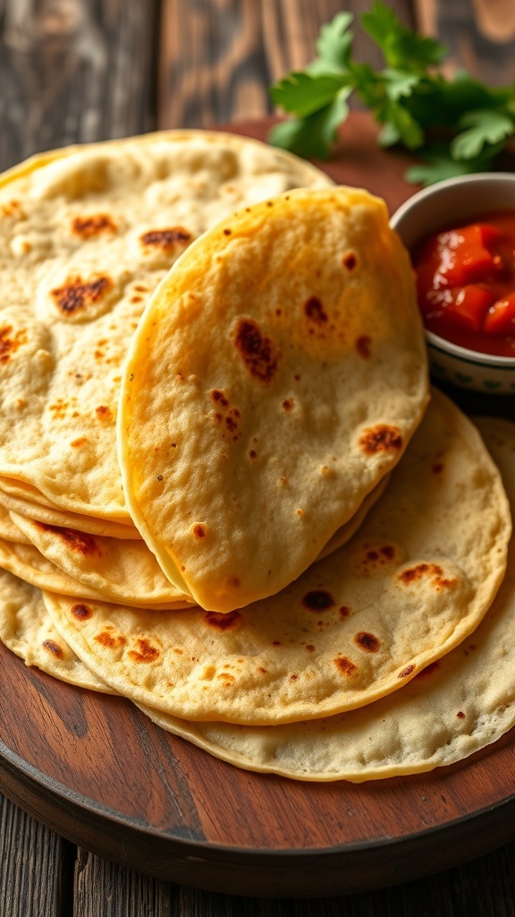 Freshly made corn tortillas stacked on a wooden table with salsa and cilantro.